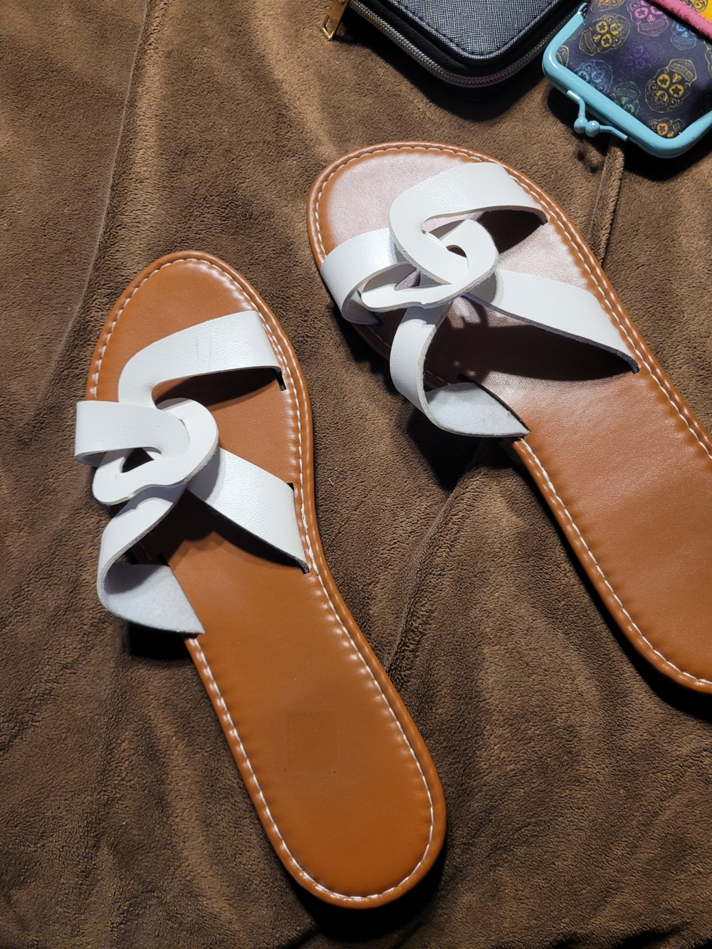 Women's White Strap Slide Sandals with Tan Footbed